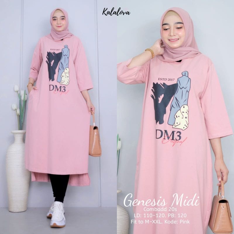 Midi dress wanita Genesis midi dress bahan kaos katun combed 24s Aplikasi sablon size s-xxl ld 90 - 120 cm Pakaian muslim wanita Dres wanita model terbaru Gamis wanita jumbo Long tunik wanita korean style warna hitam