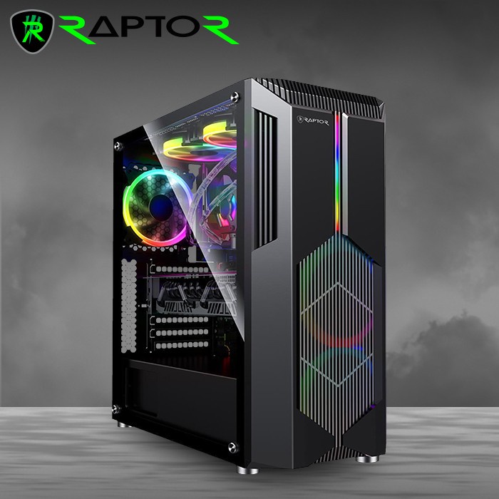 Casing Gaming RAPTOR Black Strike 1810 LED RGB Tempered Glass + 2 FAN - Hitam