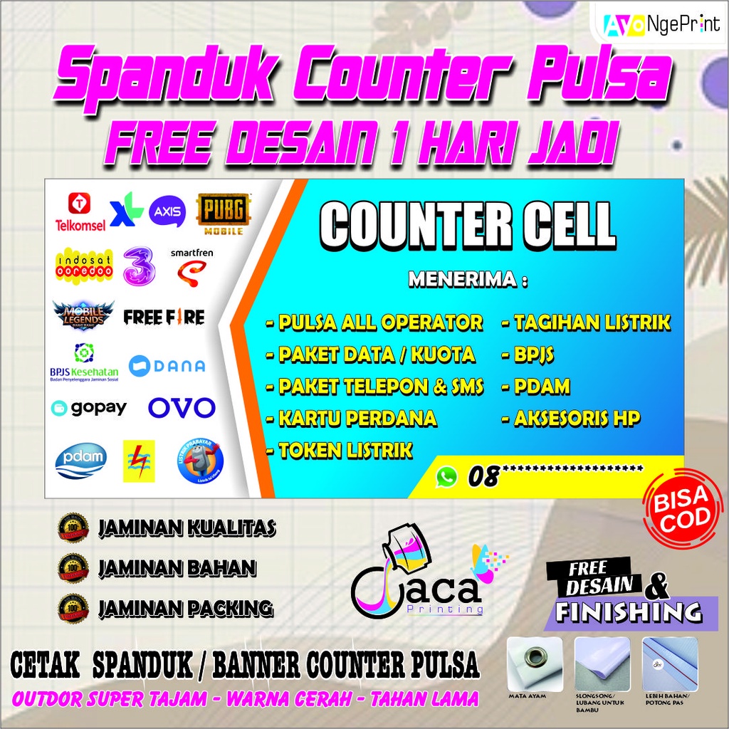 Spanduk Konter Pulsa (Banner Counter)  Cutom 1 Hari Jadi Free Desain