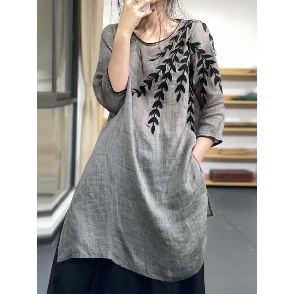 Atasan Blus Panjang Lengan 3/4 Bordir Katun Wanita