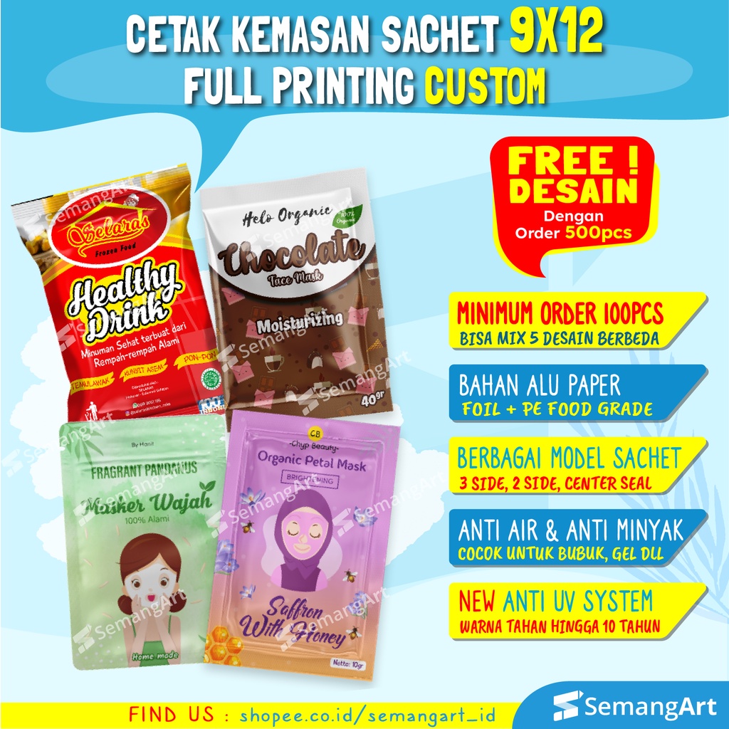 Cetak Kemasan Sachet Bag 9x12 Plastik Klip Ziplock Flat Bottom Full Printing Bungkus Makanan / Maske