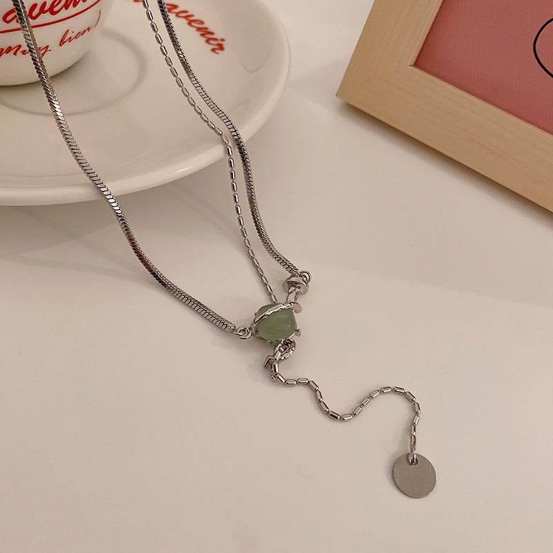 Kalung Rantai Klavikula Hias Batu Akik Bentuk Bulat Persegi Gaya Retro