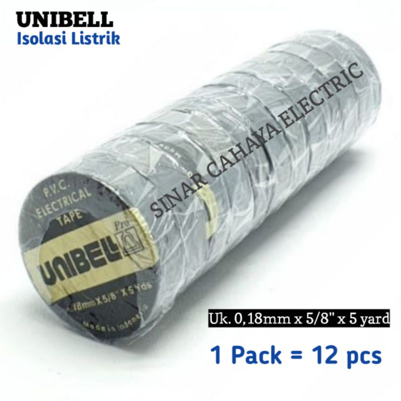 

Lakban / Selotip / Isolasi Listrik Hitam Ukuran 0,18mm x 5/8" x 5 Yard isi 12 roll Merk Unibell