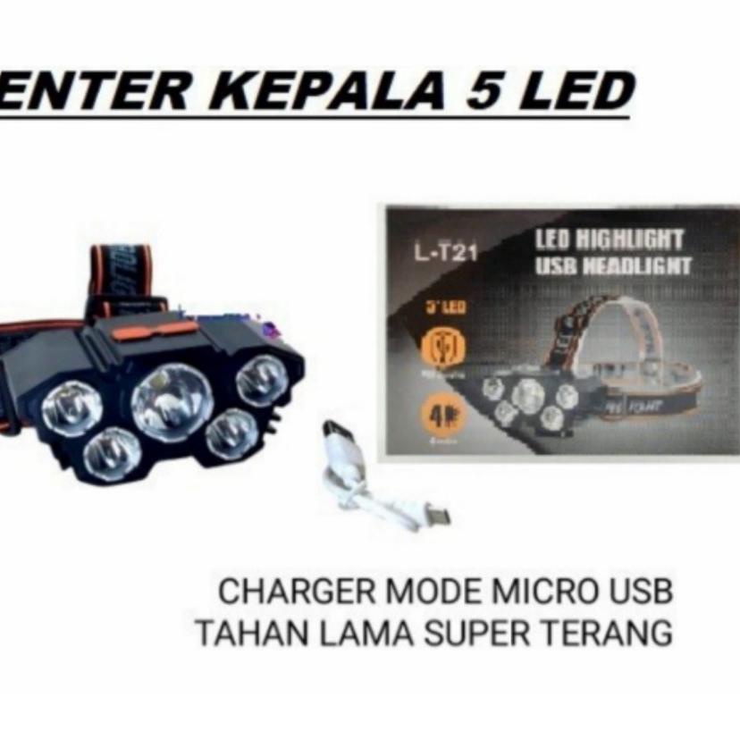 Populer Senter Kepala 50 Watt 5 Led Rechargerable 3 Mode Cahaya