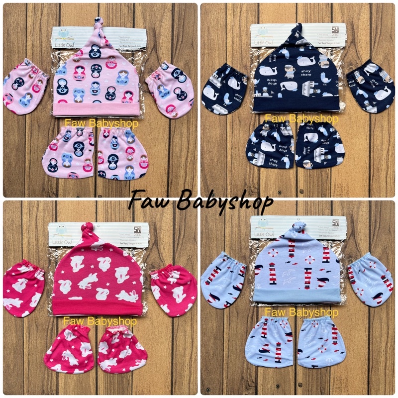 Topi bayi + Sarung Tangan+Kaki Bayi LITTLE OWL / Perlengkapan Bayi Newborn