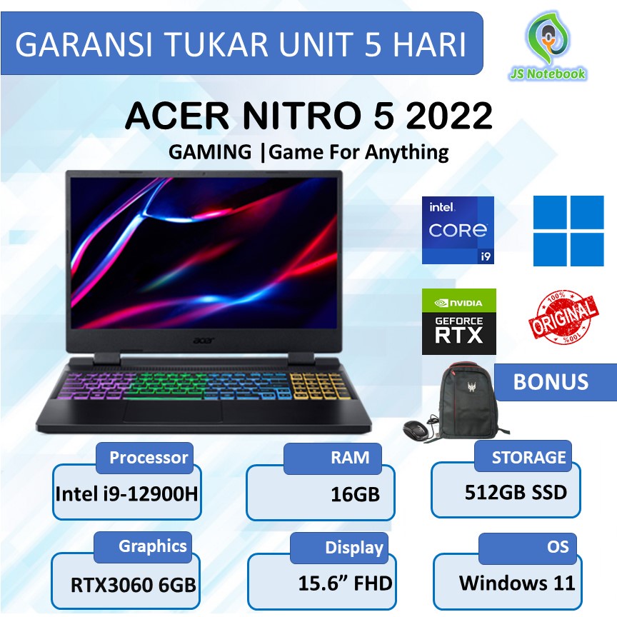 ACER NITRO 5 2022 RTX3060 i9-12900H 16GB 512SSD W11+OHS 15.6"FHD IPS-BLACK
