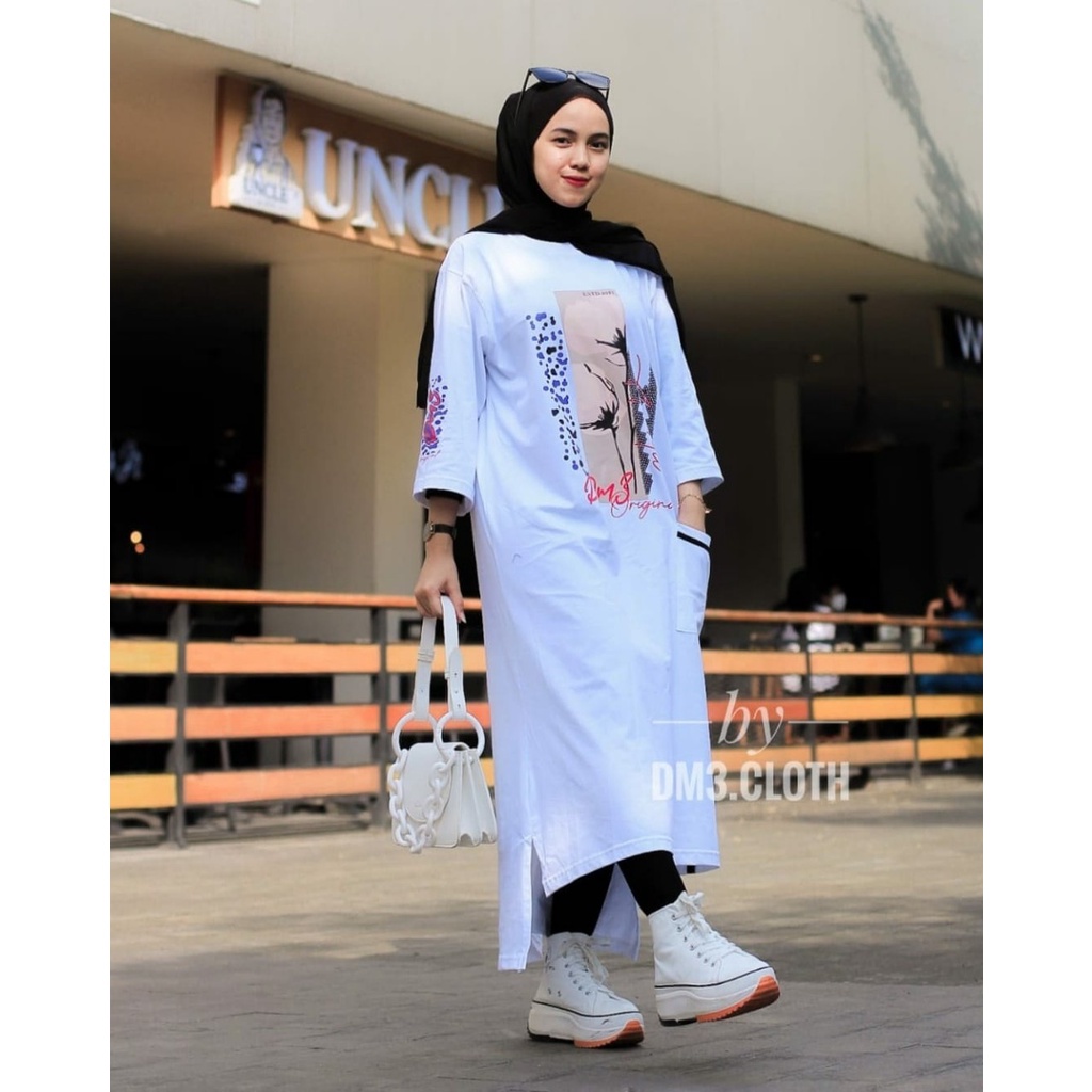 Midi Dress Long Tunik Original DM3 Cloth Bahan Cotton Combed 20s Tebal Terbaru 2022 Terlaris Flower 