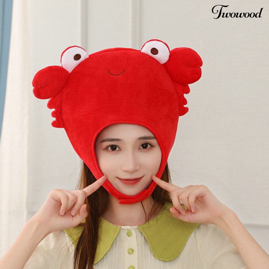 Twowood Topi Kupluk Plush Elastis Motif Kartun Kepiting 3D Aksen Mata Besar Untuk Aksesoris Wanita