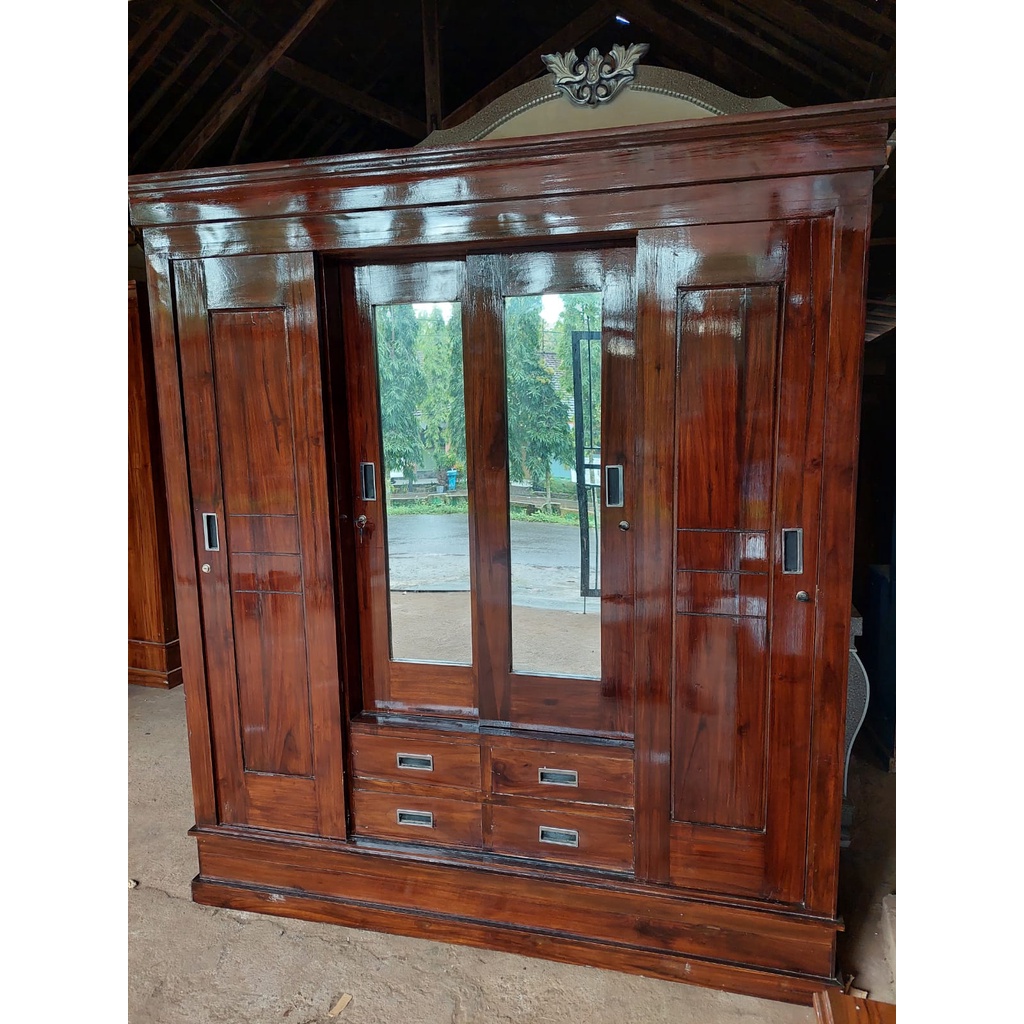 LEMARI PAKAIAN - LEMARI BAJU - LEMARI KAYU JATI 4 PINTU SLEDDING