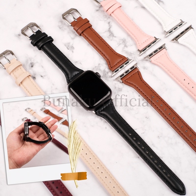 Strap Genuine Leather Slim Apple Watch Series 8 7 6 5 4 3 2 1 SE 41mm 40mm 38mm 45mm 44mm 42mm Bahan Premium PU Kulit