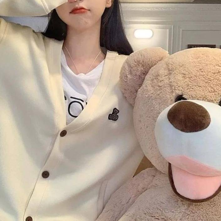 BEAR EMBROIDERY CARDY Sweater Outer Wanita Oversize Atasan Kasual Fashion Korean Style Fashion Terkini