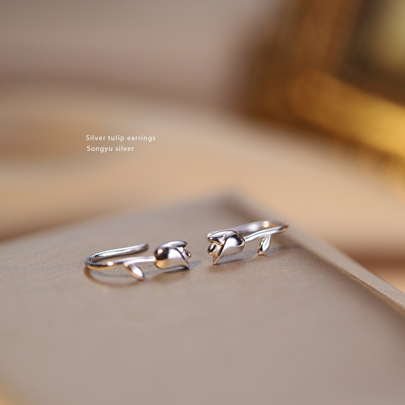 Papaozhu Trendi S925 Perak Tulip Stud Anting Untuk Wanita Perempuan Korea Bunga Telinga Tulang Klip Bunga Manset Anting Perhiasan