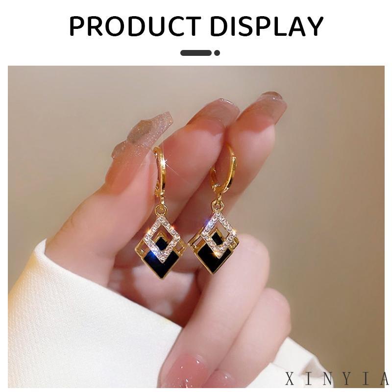 【Bayar di tempat】Anting Berlian Imitasi Bentuk Double Diamond Warna Hitam Untuk Pernikahan