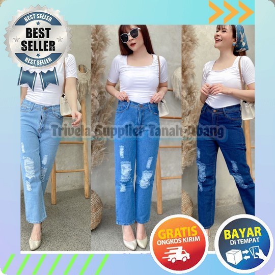 Celana Jeans Sobek Karet Import Celana Jeans Wanita Highwaist Jeans Sobek Jumbo Kekinian Jumbo Celan