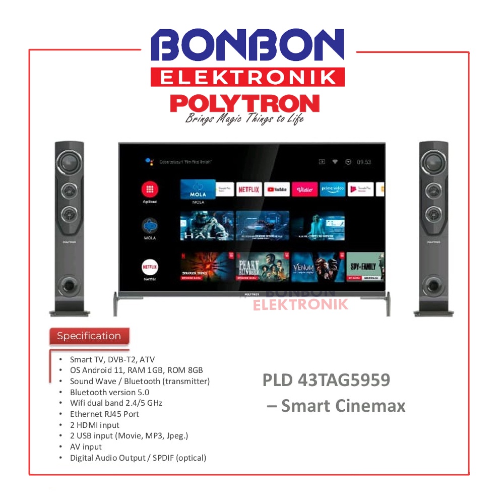 Polytron LED Smart TV 43 Inch PLD 43TAG5959 Android Tower Speaker