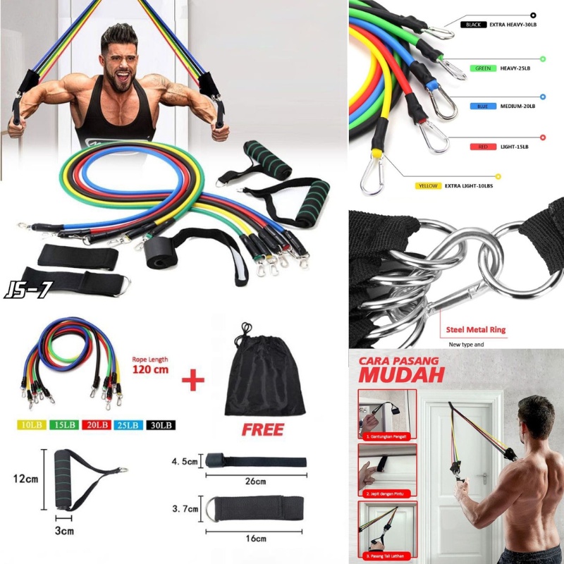 JS-7 Resistance Bands 11 in 1 Set Tali Pembantu Resistance Tube Elastic Fitness Gym Resistance Bands 11 in 1 Set Tali Pembantu Fitness Gym Power Laris_unik