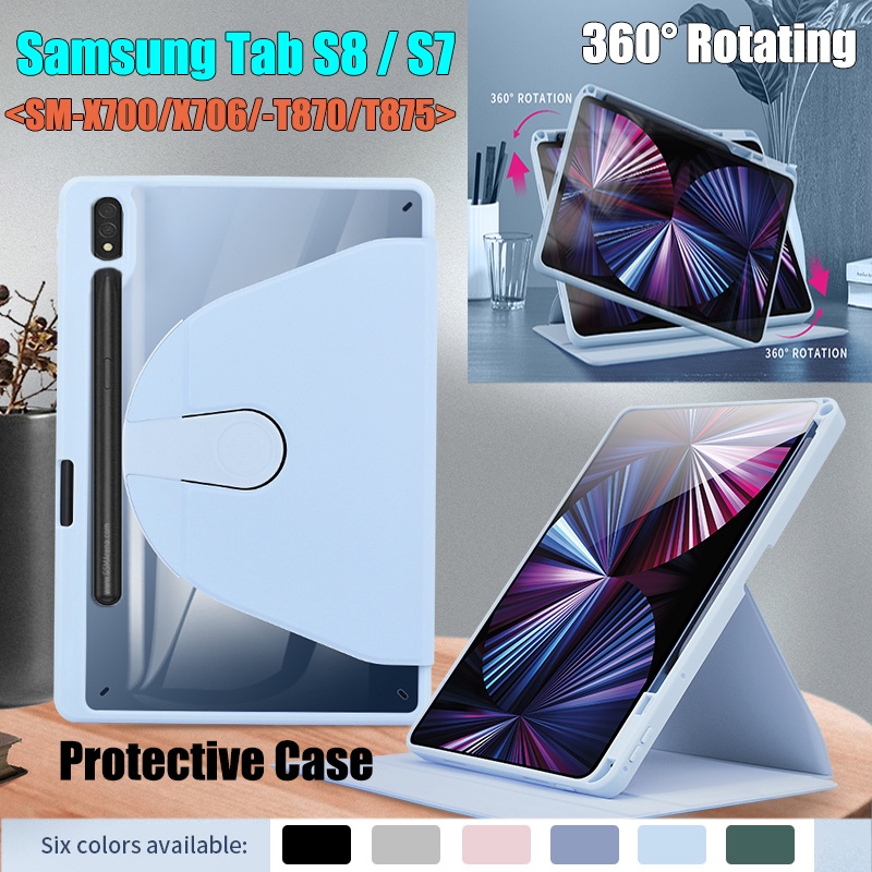 Untuk Samsung Galaxy Tab S8 S7 11.0&quot; SM-X700 SM-X706 SM-X706B/U/N SM-T870 SM-T875 SM-T876B Akrilik Bening Ujung Tinggi360° Rotating Stand Case Fashion Penutup Flip Pelindung Tablet