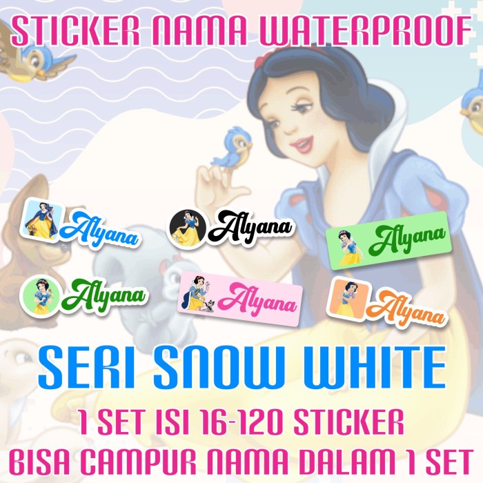 

[14-120 pcs] Sticker Nama Custom Waterproof Snow White