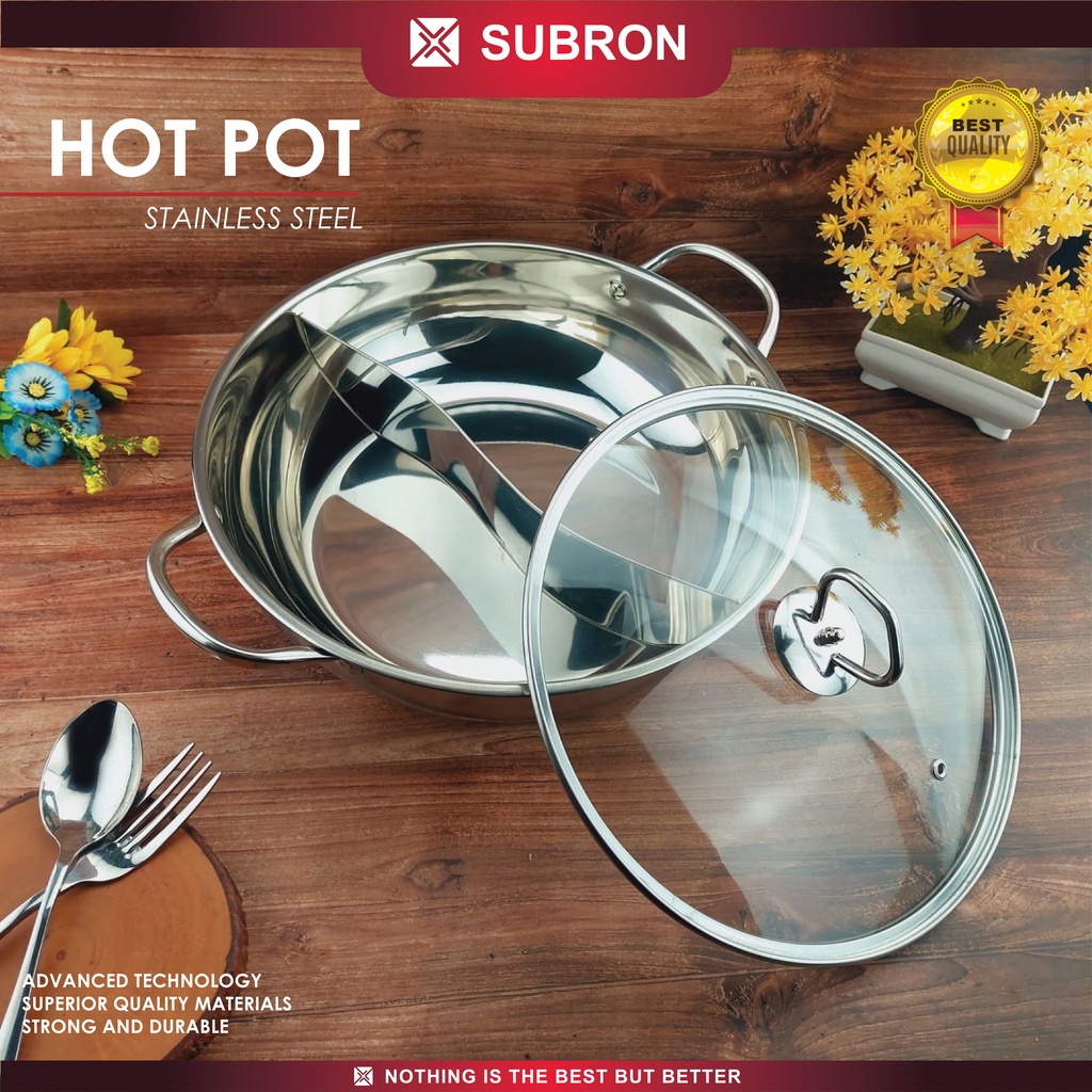 ( KJO ) PANCI SHABU SUBRON SEKAT 2 SUKIYAKI STEAMBOAT HOT POT HUO GUO STAINLESS TUTUP KACA