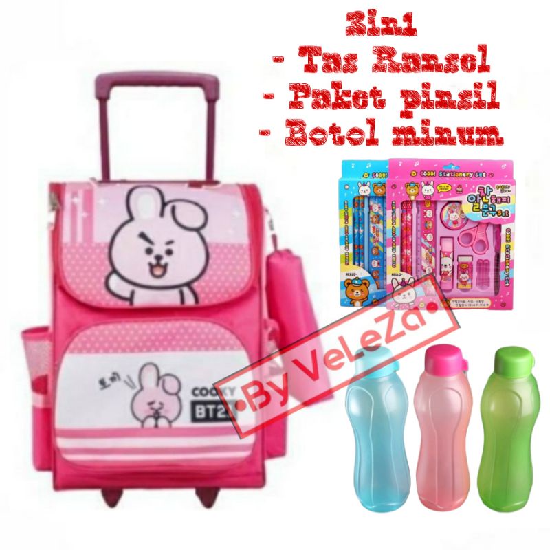 Tas ransel troli anak karakter BTS Chooki Koya RJ Cimmy 3in1 - Tas + Paket pinsil + Botol minum