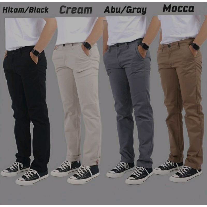 Celana panjang CHINO pria Slimfit KERJAHARIAN Santai Casual Formal Hitam abu Mocca cream