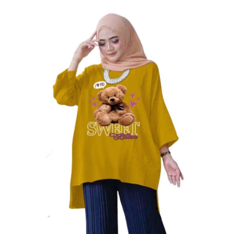 Tunik Wanita Oversize XXL LD 130 Cm Tangan 3/4 Bahan Kaos Babyterry . Baju Wanita Jumbo Atasan Tunik Dewasa Big Size Terbaru 2023 Kekinian Viral Murah Sweet Kitten