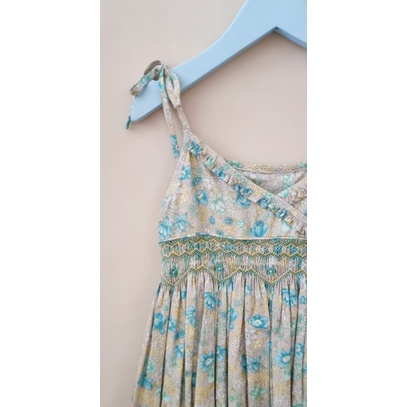 Pretty Stitches - Baju Anak, Smocked Dress, Blue Yellow Flowers on Light Taupe, Size 6