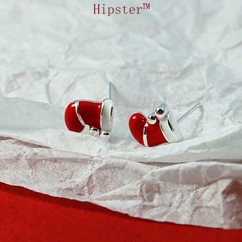 Anting Tusuk Sterling Silver 925 Desain Kaos Kaki Natal Warna Merah Untuk Wanita