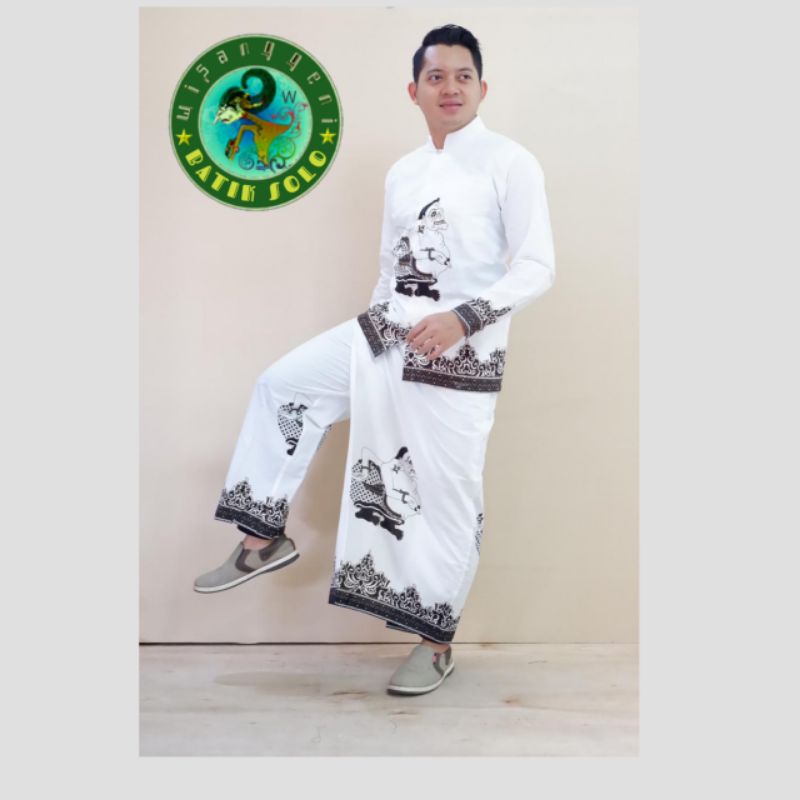 Fashion Muslim Baju Koko Setelan Sarung Celana Pria Dewasa Kombinasi Kemeja Batik Lengan Panjang Pen
