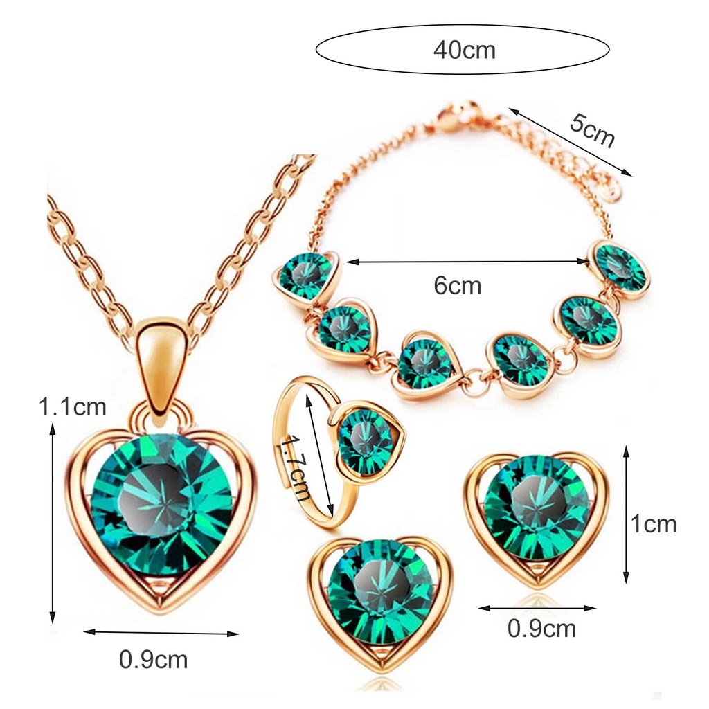 4pcs / Set Kalung Anting Gelang Cincin Liontin Hati Aksen Berlian Imitasi Adjustable Untuk Wanita