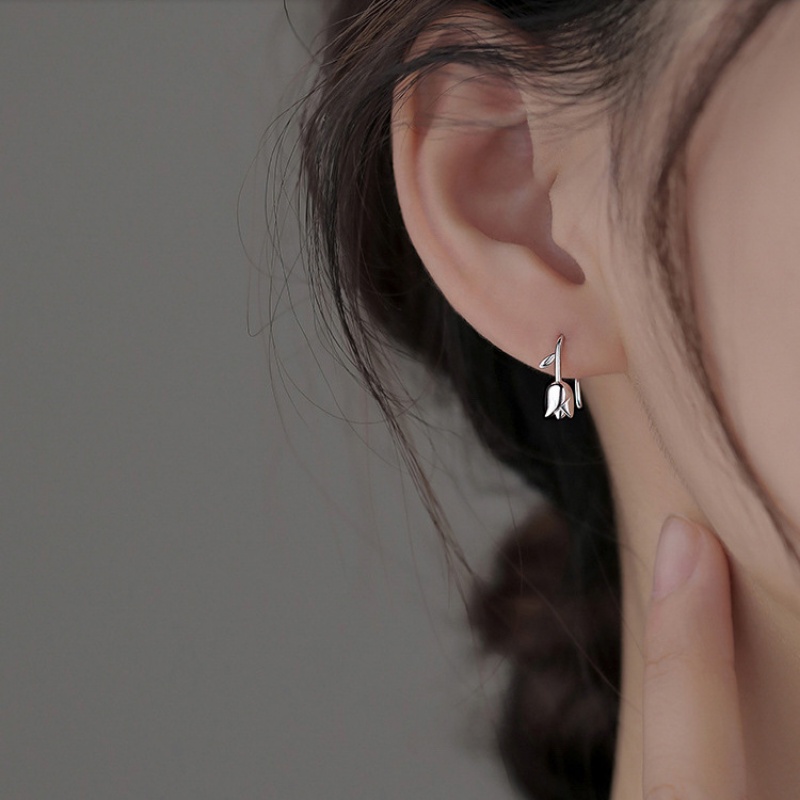 Papaozhu Trendi S925 Perak Tulip Stud Anting Untuk Wanita Perempuan Korea Bunga Telinga Tulang Klip Bunga Manset Anting Perhiasan