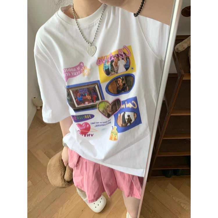 EUNII T-shirt Lengan Pendek Angka Pencetakan Longgar Korean Style/Kaos Atasan Wanita/Baju Kaus Oversize Wanita