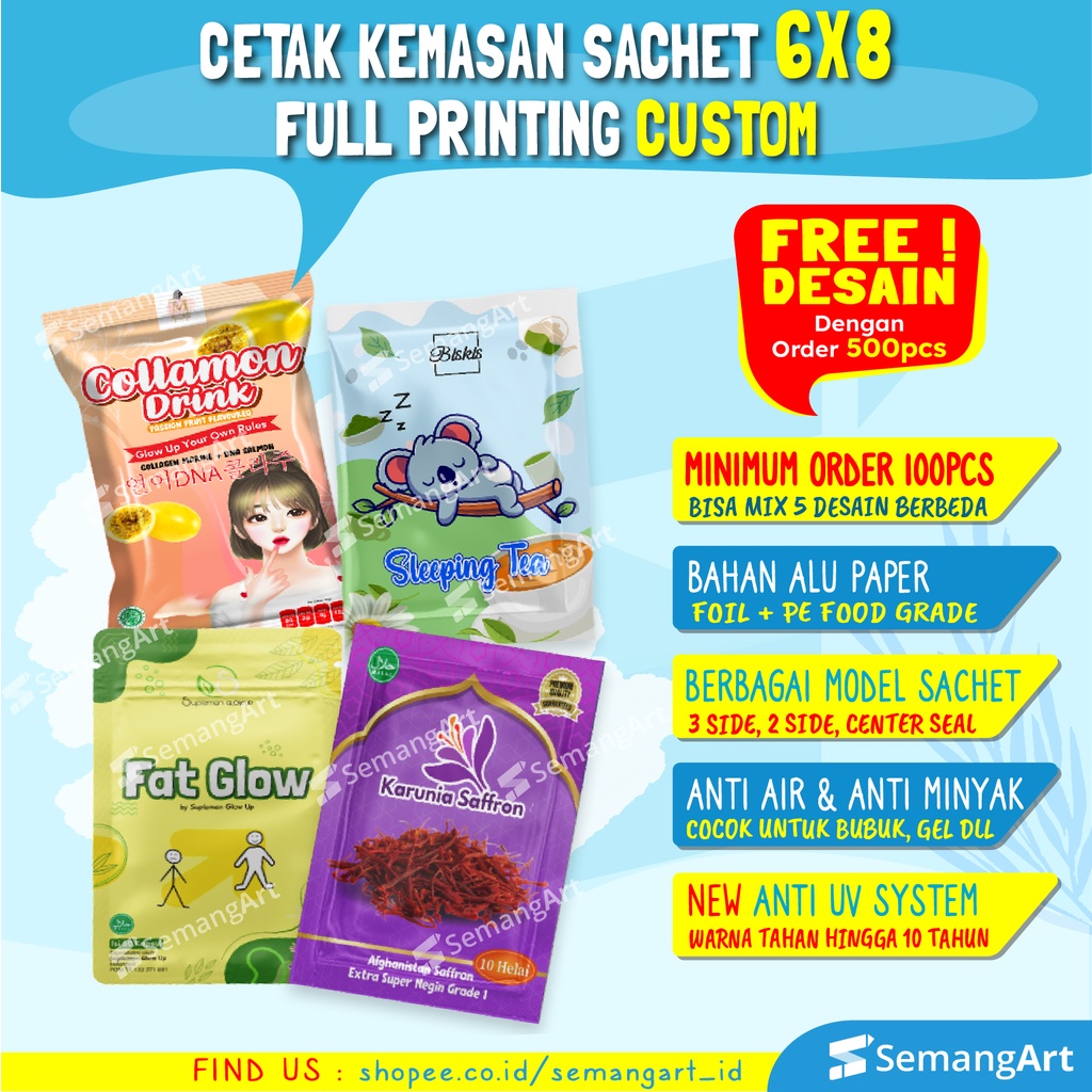 Cetak Kemasan Sachet Bag 6x8 Plastik Klip Ziplock Flat Bottom Full Printing Bungkus Makanan / Masker