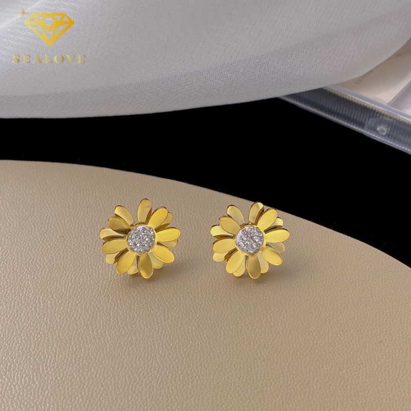 SEALOVE 18K Emas Daisy Stud Earrings Wanita Titanium Anting-Anting Anti Karat Korea Hadiah Fashion Perhiasan