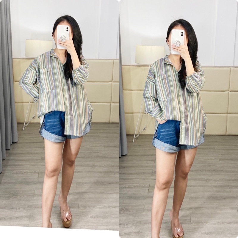 kemeja jumbo salur rainbow / kemeja bigsize wanita motif salur