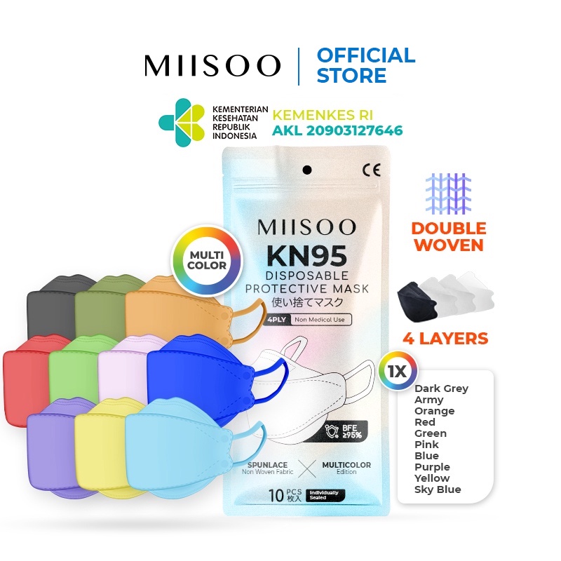 	 MIISOO All Disposable Mask EVO Multi Color N95 KN95 BFE 95% Masker Kesehatan wajah 4ply IZIN BNPB	