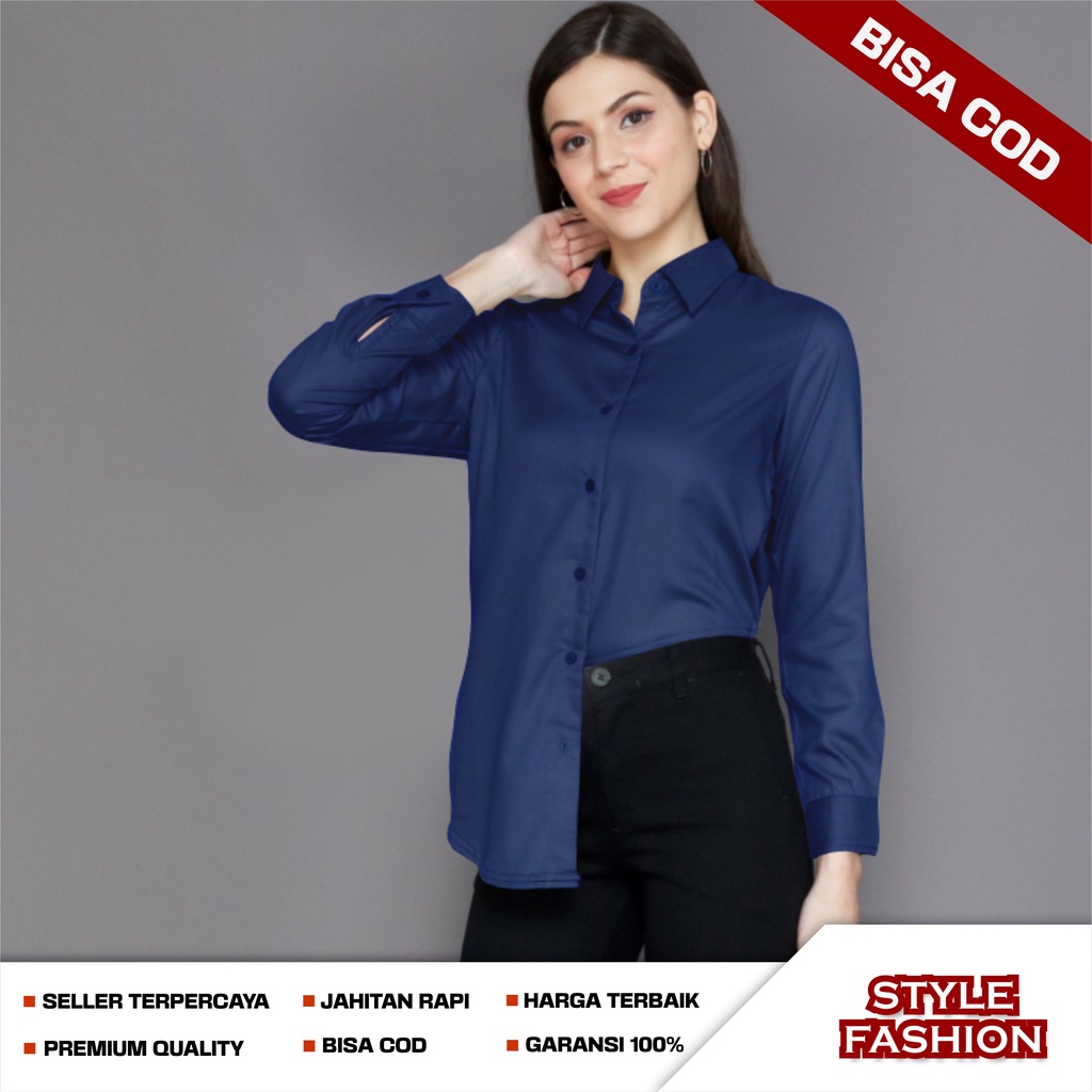 Atasan Kemeja Wanita Perempuan Polos Lengan Panjang Bahan Katun Rayon Warna Hitam Maroon Navy Coksu 