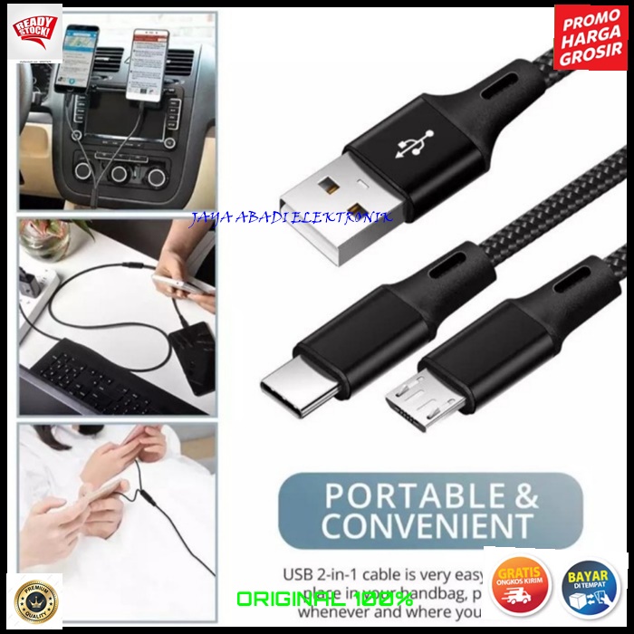 J381 2.4A KABEL DATA 2IN1 MICRO USB DAN TYPE C SUPPORT FAST CHARGING KABEL CHARGER  KUALITAS PREMIUM VOOC QUICK CASAN FLASH  HANPHONE ANDROIT MULTI UNIVERSAL AUTO ID OTOMATIS AMPERE KABEL TEBAL DAN KUAT LEBIH PRAKTIS JUGA BISA CAS 2 HANDPHON SEKALIGUS