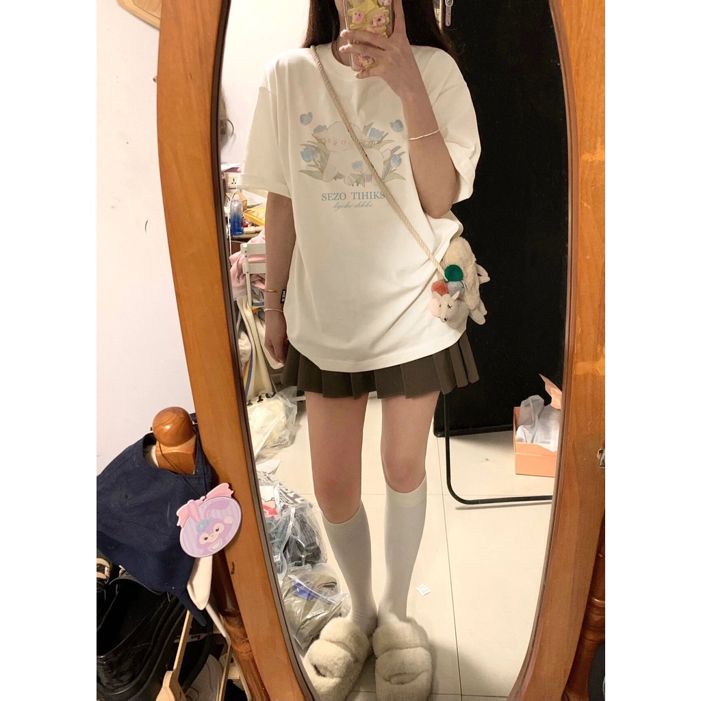 EUNII T-shirt Lengan Pendek Kartun Imut Domba Pencetakan Longgar Korean Style/Kaos Atasan Wanita/Baju Kaus Oversize Wanit