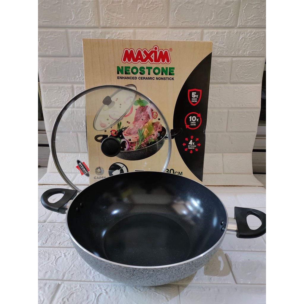 WAJAN NEOSTONE 30 CM TUTUP KACA MASPION/ WAJAN ANTI LENGKET/ WAJAN KERAMIK / WAJAN TUTUP KACA