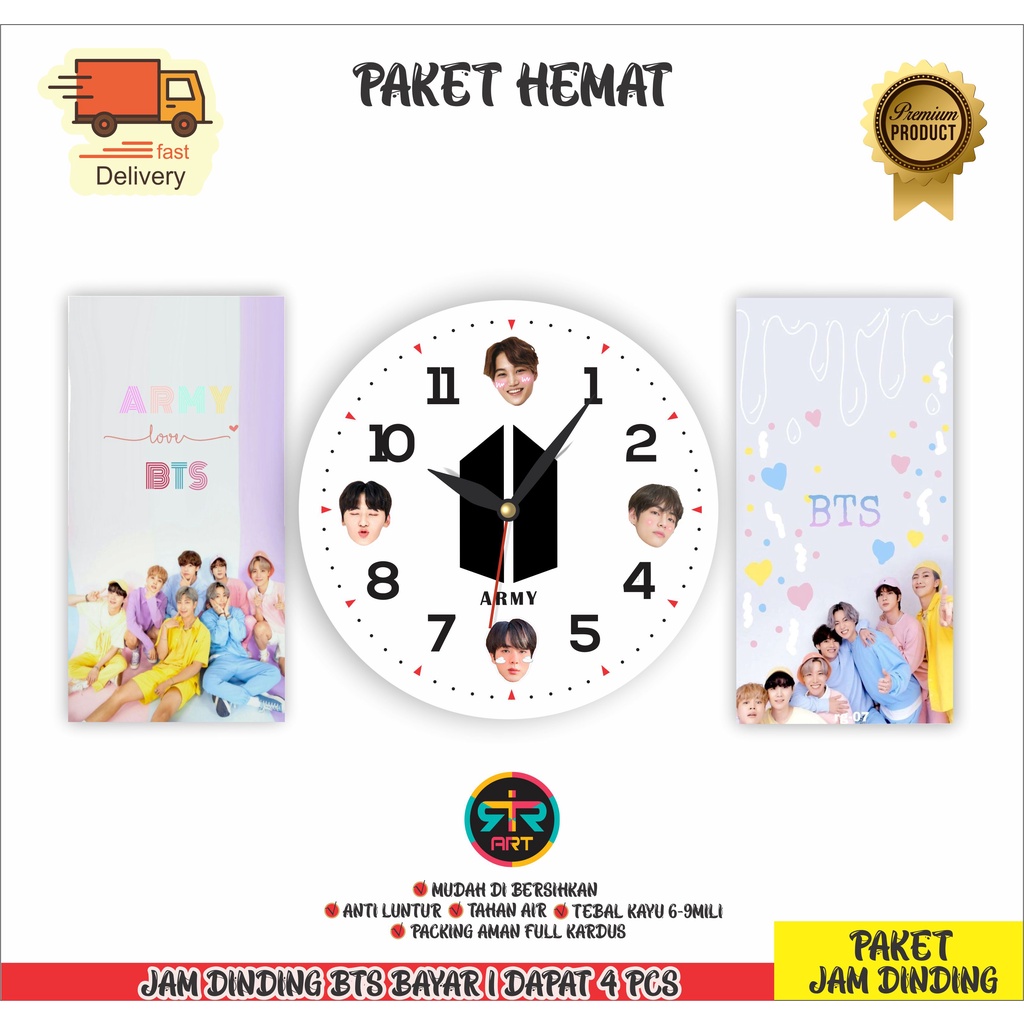 JAM DINDING BTS 1 SET 3 PCS DEKORASI RUMAH RUANG TAMU KAMAR ANAK
