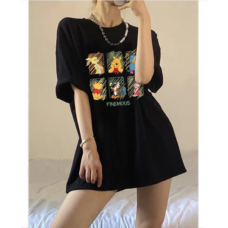 kaos atasan wanita oversize cartoon doodle T-shirt lengan pendek korean style kekinian printing baju wanita kaos Hitam