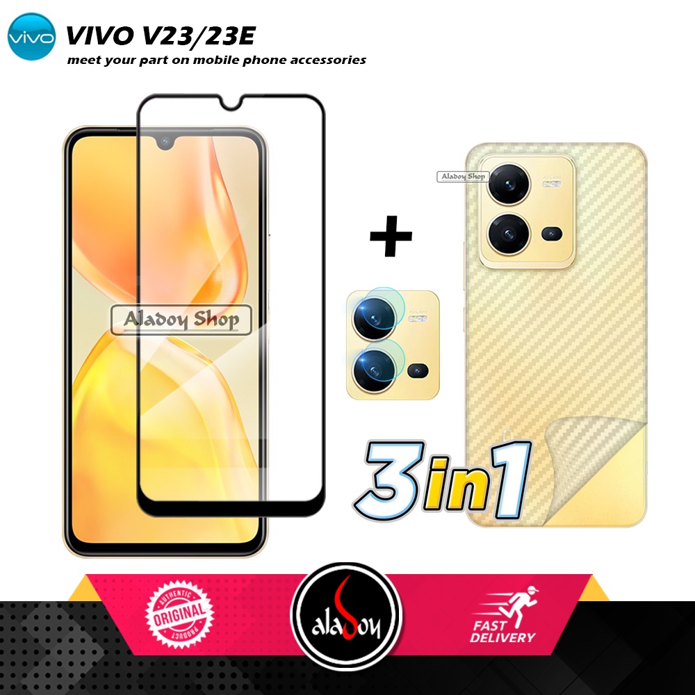 PAKET 3 IN 1 Tempered Glass Layar Vivo V25 / V25E Free Tempered Glass Camera dan Skin Carbon