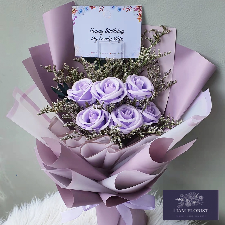 BUKET BUNGA MAWAR 6 STEM SPON/BUKET BUNGA ARTIFICIAL/BUKET ULANG TAHUN ANNIVERSARY WISUDA