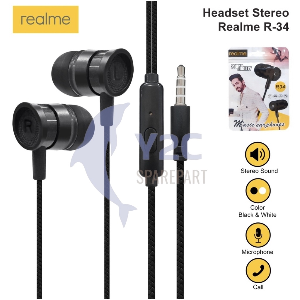 HANDSFREE REALME R34 MEGA BASS ORIGINAL OEM / EARPHONE HEADPHONE HENSET