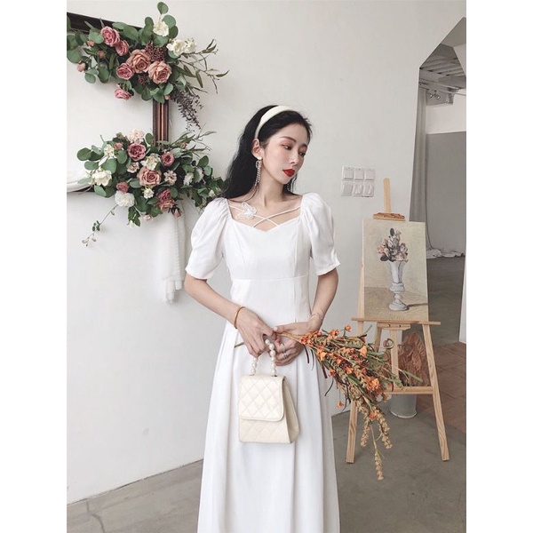 [MikanHiro Store] Elegant French 2022 Spring/Summer Retro Fairy Dress with Puff Sleeves and Thin WaistSuper fairy light cooked midi skirt butterfly