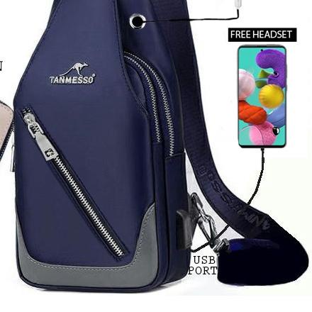 5IN1 TAS BONUS JAM &DOMPET,USBPORT HEADSET -TAS SELEMPANG PRIA sling bag usb port