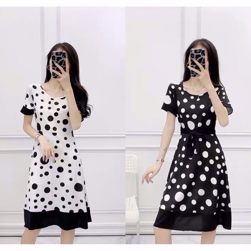 DEARMODIS DRESS45 Dalma Dress / gaun panjang midi dress motif polka polkadot warna hitam putih size 