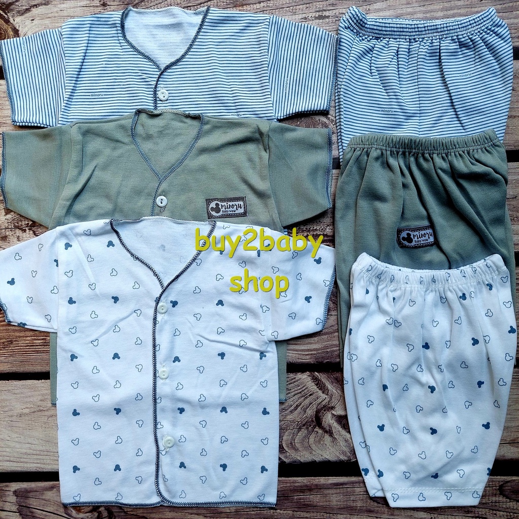 Baju bayi setelan piyama bayi full print motif Minoru usia 0-3 bulan isi 3 setelan