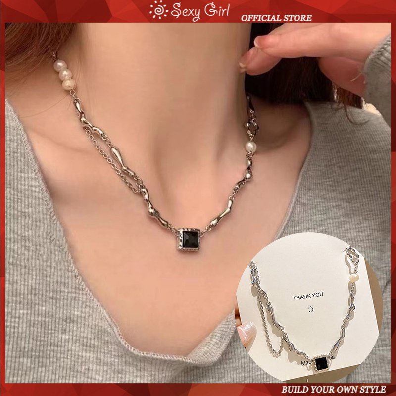 Kalung Rantai Klavikula Bahan Logam Bentuk Persegi Lapis Ganda Aksen Zirkon Untuk Perempuan